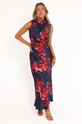 Anabelle Halter Neck Lace Maxi Dress - Navy Floral